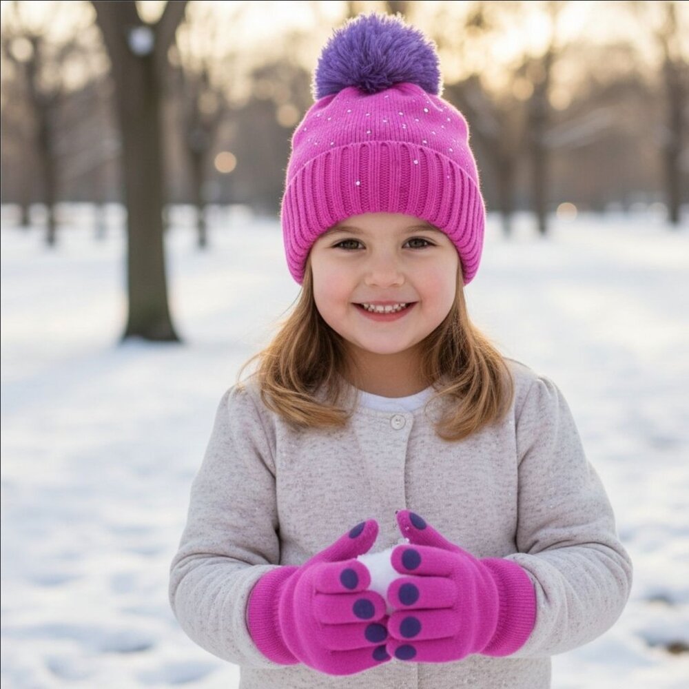 Girls Accessories ✦ Pink Knit Hat Gloves Set ✦ Purple Pom Grip Dot Rhinestone